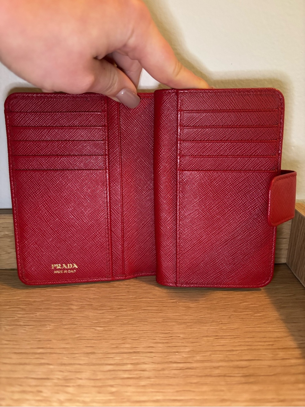 Prada Red Saffiano Compact Wallet with Gold Triangle Logo - Picture 7 of 11